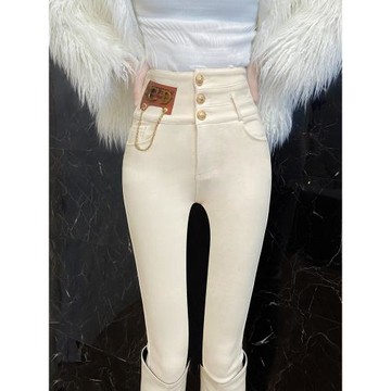 米白色加絨加厚外穿牛仔褲女小腳高腰2025秋冬新款顯瘦緊身打底褲