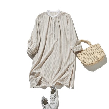 日系棉麻條紋罩衫洋裝 簡約質感 淺棕色 × 米白色調   250417-1