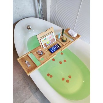 浴缸置物架子竹木伸縮泡澡毛巾平板隔板支架浴桶放手機托盤黑白色