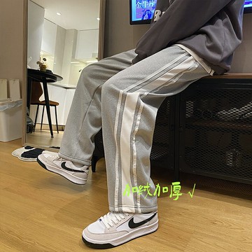 秋冬款加絨運動褲男加厚褲子ins潮牌束腳衛褲闊腿學生條紋休閑褲