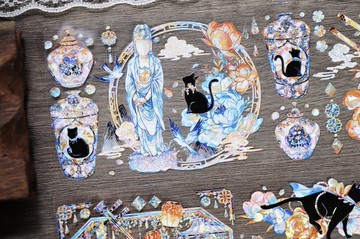 元 黒貓 東方古風 PET 紙膠帶 貝殼光 / 割型貼紙卷 星光膜