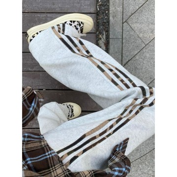 【垂感顯瘦】女裝 美式 白灰色 條紋 拼接 休閒褲 寬鬆 慵懶 百搭 垂感 闊腿褲