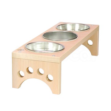 【MOMOCAT】三口小型犬貓餐桌 天然白橡色 碗架附鐵碗