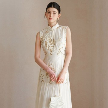 珠片刺繡旗袍洋裝 / 新中式改良長裙 / 高級感修身連衣裙