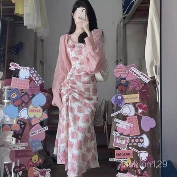 💛限時下殺💛大碼套裝 針織開衫 高級感夏日抽繩純慾不規則魚尾吊帶碎花連衣裙 夏季吊帶連衣裙 女套裝吊帶裙 兩件套