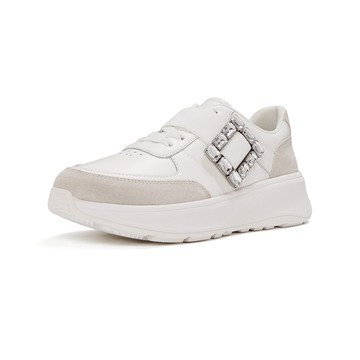 【FitFlop】F-MODE 水鑽扣環皮革／麂皮休閒鞋-女(都會白)