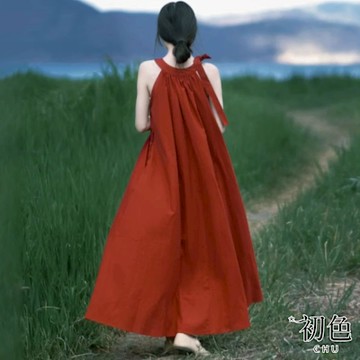 初色  純色度假風無袖露肩正反相同皆可穿連身裙長裙連衣洋裝-紅色-11778(M-2XL可選)