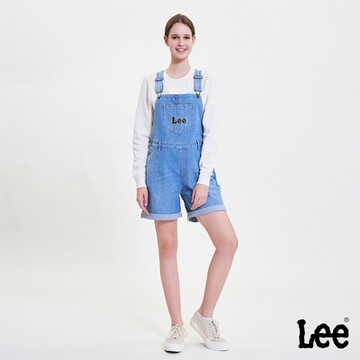 Lee 女款 經典Logo吊帶牛仔短褲 中藍洗水