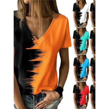 夏季新款街頭歐美風大碼女裝撞色上衣速賣通亞馬遜新款V領短袖T恤