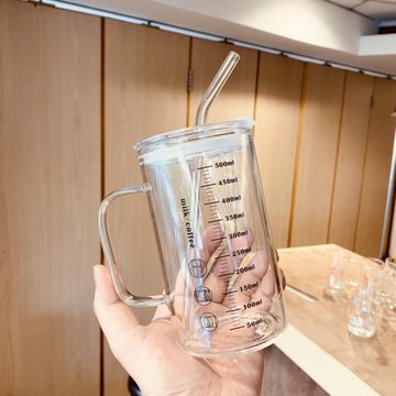 單層玻璃杯男士吸管帶蓋把手辦公室大容量水杯耐高溫茶杯刻度杯子