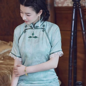 真絲提花古法旗袍 / 全開襟手工訂珠法繡 / 新中式中國風顯瘦款