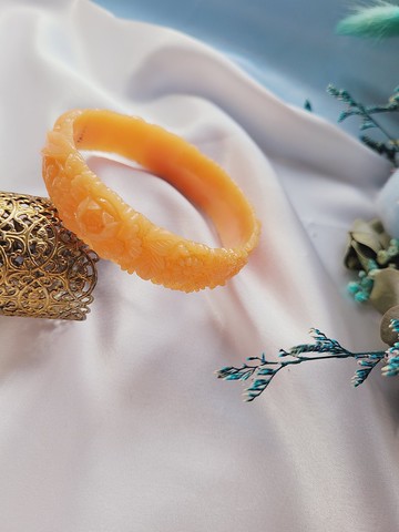 美國西洋古董飾品 / 日本製暖橘賽璐珞浮雕花卉復古手環 古董首飾