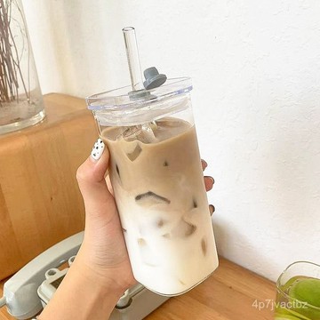 店家精選🌈玻璃水杯 方形 吸管杯 咖啡杯 透明水杯 水杯 女款 韓係 高顏值 帶蓋 透明 簡約 平底 加熱 家用 GOL