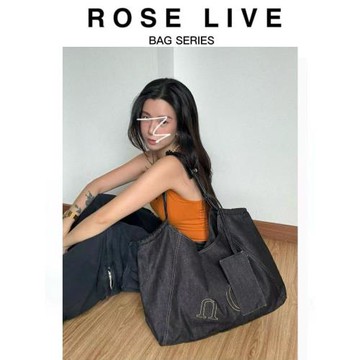 ROSE LIVE韓系復古2026新款大容量單肩牛仔慵懶風字母帆布托特包