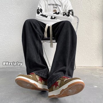 牛仔褲男春秋薄款休閑長褲寬松垂感闊腿褲美式潮牌高街褲男士褲子