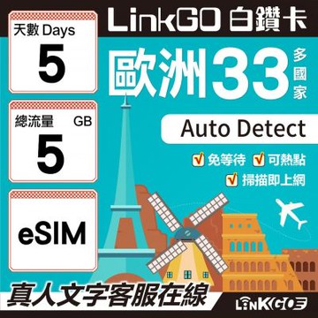 LINKGO白鑽卡 歐洲33國eSIM卡 5天上網卡 總流量5GB(歐洲網卡 西班牙 德國 奧地利 英國)