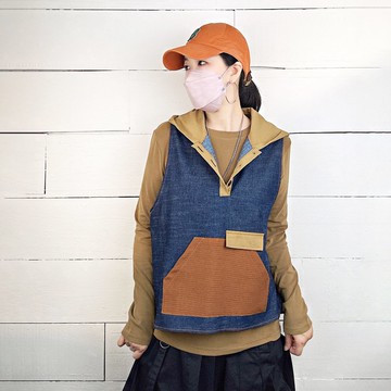 深藍 - 側衩雙釦拼布牛仔連帽背心　#U3062