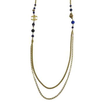 CHANEL 香奈兒 金色金屬 藍色圓珠 長項鍊 【二手名牌BRAND OFF】