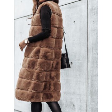 歐美風冬季女裝無袖馬甲無扣中長款毛毛外套開衫毛茸茸仿皮草背心