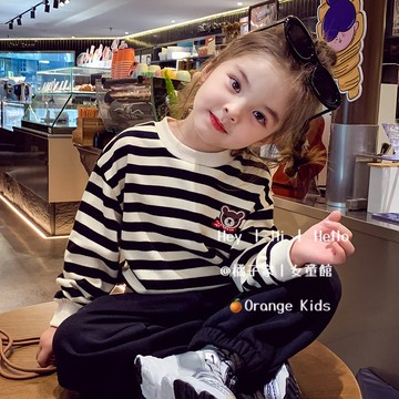 Orange Kids🍊女童長袖 台灣出貨 中大童圓領加絨衛衣秋冬裝2024新款洋氣兒童百搭休閒條紋上衣打底衫