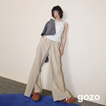 【gozo】A｜好比例配色壓線裙片造型寬褲(深咖/淺卡其_F) | 女裝 顯瘦 休閒