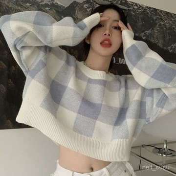 撞色格子毛衣女春秋寬鬆2023新款打底衫設計感小衆針織衫短款上衣