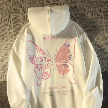 有被驚艷到！ 韓國帽t 長袖衛衣 重磅帽t 粉色蝴蝶印花 連帽衛衣 韓系衣服女 重磅純棉 韓版大學t 國中生衣服 衛衣女