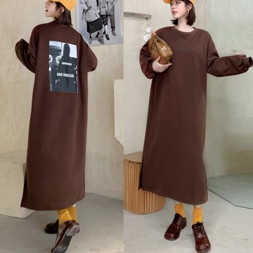 冬天慵懶風印花衛衣女超長款過膝寬松大碼加絨加厚開衩連衣裙長裙