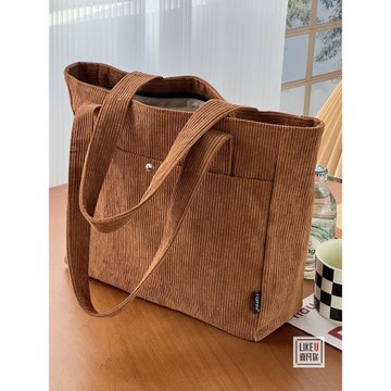 原創設計加厚拉鏈燈芯絨通勤學生單肩托特文藝簡約休閑帆布包女女