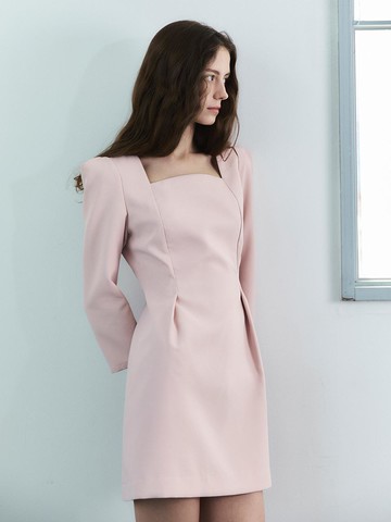 Square Neckline Tucked Mini Dress [Blush]