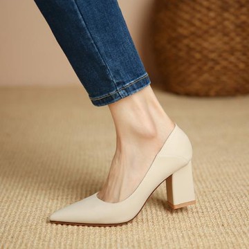 尖頭高跟鞋女粗跟小個子絕美裸色2024年秋季新款氣質法式晚風單鞋