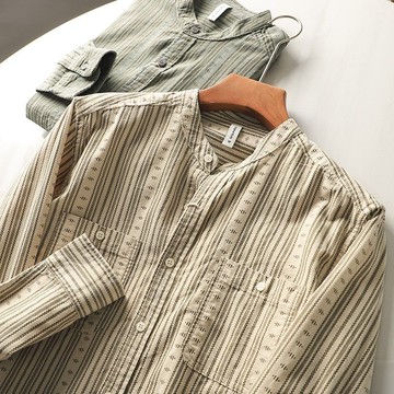 復古直條紋長袖襯衫男秋季新款休閒百搭寬鬆上衣男