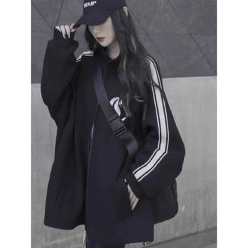 立領風衣外套女春秋歐貨高級感印花中長款衛衣開衫寬松休閑棒球服