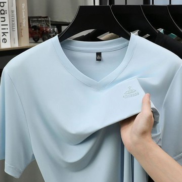 M-4XL 6色可選 透氣舒爽V領短袖 吸濕排汗 新款短袖男士冰絲T恤夏季薄款透氣雞心領休閒體恤潮流半袖