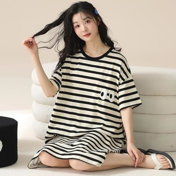 帶胸墊睡裙女夏季純棉薄款短袖黑色可愛少女2025年新款可外穿睡衣