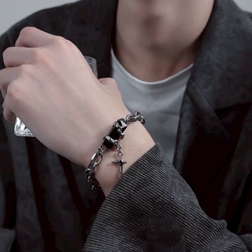 ☆LimeLight☆ 黑寶石 十字星 雙層 層次 飾品 鈦鋼 手鍊 男生手鍊 女生手鍊 鈦鋼手鍊 ACC-C10015