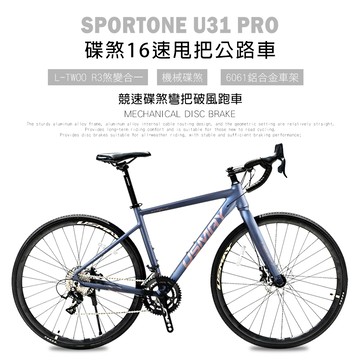 SPORTONE U31 PRO 鋁合金內走線彎把碟煞16速 L-TWOO R3甩把公路車，煞變合一平焊車架（隱藏內走線）競速碟煞彎把破風跑車-消光灰_廠商直送
