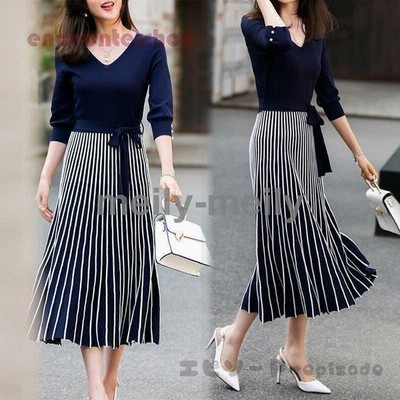 ニットワンピース レディース リボン 上品 40代 春秋 プリーツ ストライプ ベルト付き ニットワンピース 長袖 きれいめ 着痩せ 通勤 Ol 韓国風 結婚式ドレス 通販 Lineポイント最大get Lineショッピング