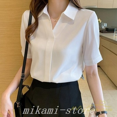 ワイシャツ半袖レディースブラウスシャツ半袖シャツレディーストップス事務服ブラウスおしゃれ襟付きブラウスワイシャツ通勤通学就活細身白 通販 Lineポイント最大get Lineショッピング