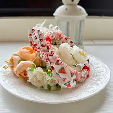 純棉拼布綁結蝴蝶結細版髮箍頭箍髮飾-紅白西瓜