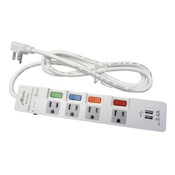 【明家Mayka】SP-4131U2-5 3孔4開4插5尺2USB防雷 加大間距 延長線1.5m(平貼插頭 3.4A 防突波 過載斷電)