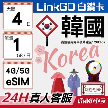 LinkGO白鑽卡 韓國 eSIM卡 4天上網每日1GB 高速流量(韓國網卡 首爾 釜山 濟州島)