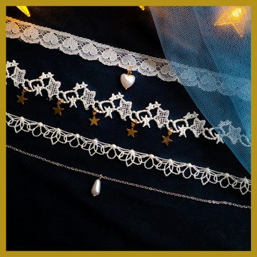 白色蕾絲花珍珠水滴吊墜項圈頸鏈 Choker鎖骨鏈 雙層項鏈女