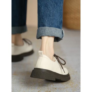 厚底系帶單鞋女2025年新款JK深口英倫風白色小皮鞋女軟底樂福鞋