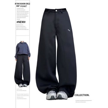 大碼街頭百搭黑色運動衛褲女2024秋寬松重磅廓形baggy彎刀休閑褲