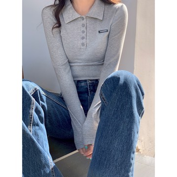 【太妮絲T211】現貨 美式 翻領 半排釦 秋季 運動風 Polo領 字母 短版上衣 長袖上衣