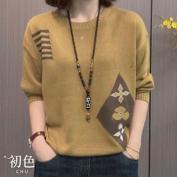 初色 復古風寬鬆顯瘦圖案緹花圓領長袖毛衣打底衫針織衫上衣女上衣-共3色-11145(F可選)