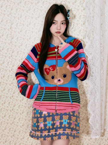 彩色條紋小熊毛線針織長袖連帽開衫