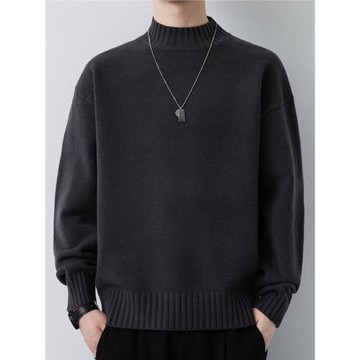 一體絨半高領男士毛衣秋冬新款純色慵懶風內搭中領加厚針織打底衫