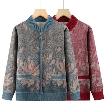 [米蘭精品] 現貨+預購 高級針織衫上衣秋冬毛衣開衫寬鬆大碼休閒女裝媽媽裝-立領花卉拉鍊女外套2色74mo41